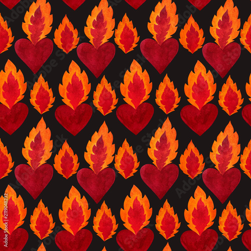 Watercolor seamless pattern with red-orange flames and flaming hearts on a dark background.
