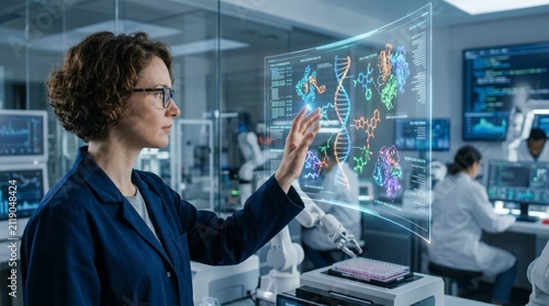 Female researcher interacting with artificial intelligence system analyzing human genome data
