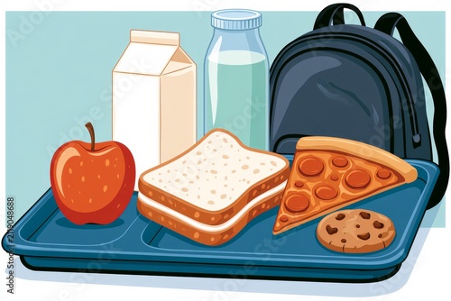 Lunch tray with food items including sandwich, pizza, apple, cookie, and drink