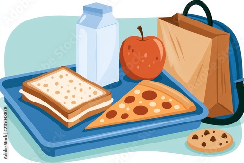Lunch tray with sandwich, pizza, apple, milk, cookie, and backpack on blue background