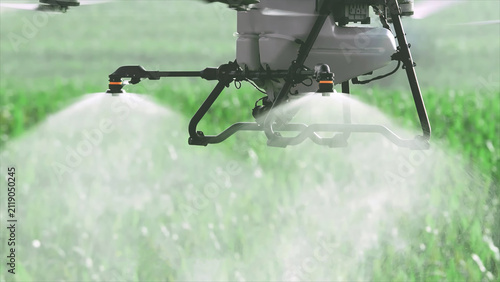 Close-Up of Agricultural Drone Spray Nozzles Over Crop Field