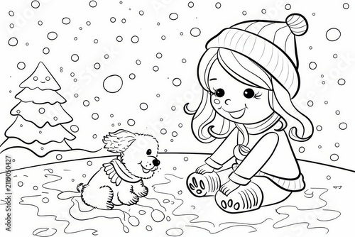 Happy girl with a cute puppy playing, black and white coloring page for kids
