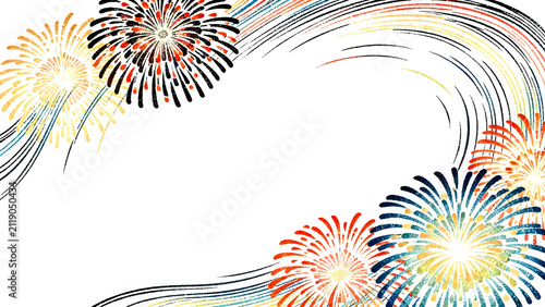Anime-style pop fireworks and swirling wind abstract background frame