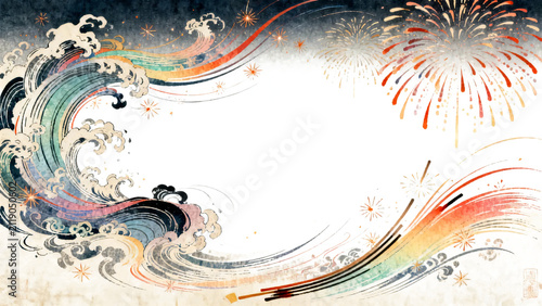 Anime-style pop fireworks and swirling wind abstract background frame