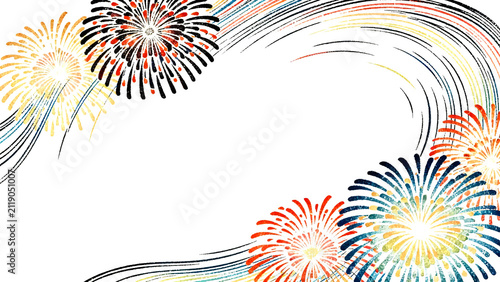 Anime-style pop fireworks and swirling wind abstract background frame