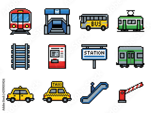 Pixel art public transport and train station icon set