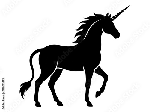 Black unicorn silhouette isolated on white background standing mythical horse vector illustration