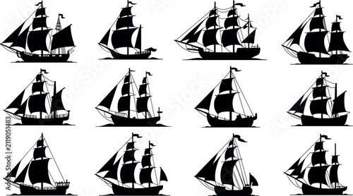 Foto Vintage black ship silhouettes collection featuring sailing vessels, pirate ship