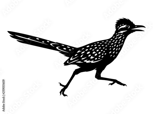 Running Roadrunner Bird Silhouette Black and White Graphic Illustration
