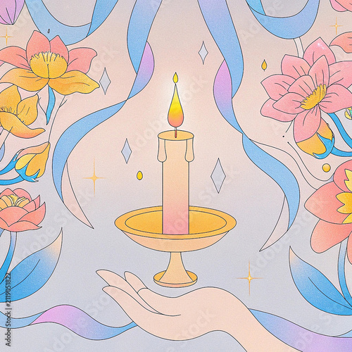 Decorative Candle with Floral and Butterfly Elements Flat Vector Illustration