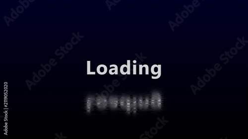 Glitch effect loading text animation with digital reflection on dark background