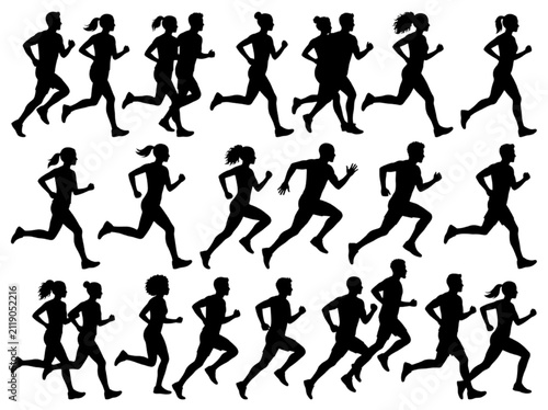 A collection of running silhouettes showing men and women in various active movement poses