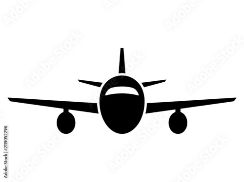 Airplane front view silhouette icon symbol for aviation, travel, flight, and transportation design