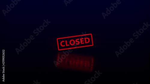Neon red closed sign glowing in dark background, digital glitch effect animation