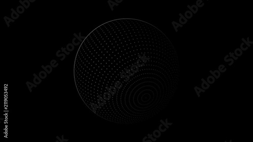 Abstract rotating sphere made of glowing digital dots, minimalist tech background, 3 d particle globe animation