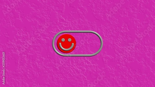 Interactive toggle switch animation with happy and sad emoticons on pink background, button interface