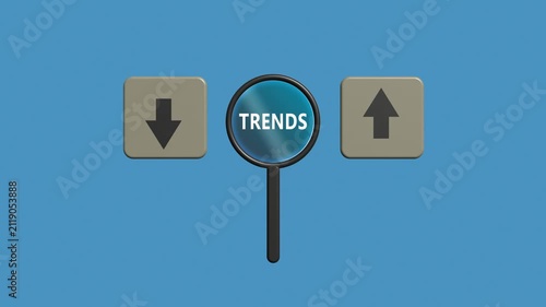 Market trends analysis concept with magnifying glass, upward and downward arrows, financial growth and decline visualization