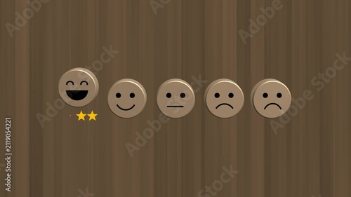 Customer satisfaction rating scale with animated emoticons and star review system for feedback analysis