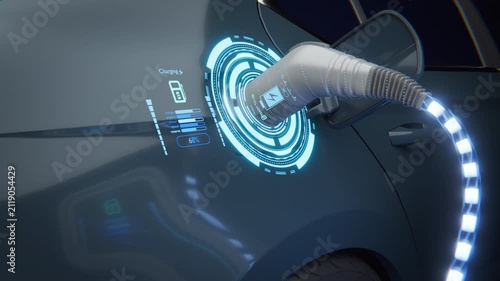 Electric car charging at station, sustainable transportation and green energy concept