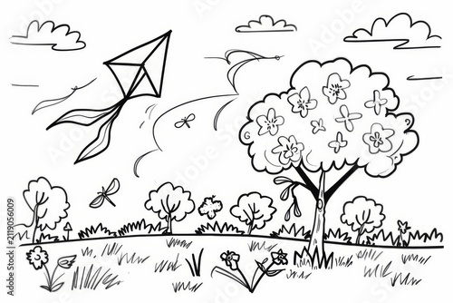 Very cute kite flying in springtime, black and white coloring page for kids