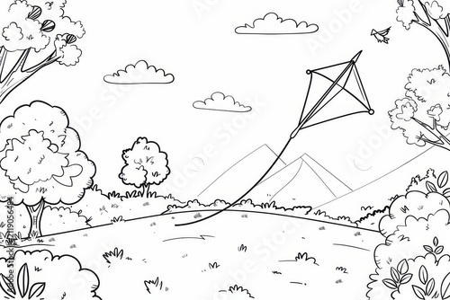Very cute kite flying in springtime, printable kids coloring page with thick lines