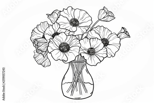 Bouquet of poppies in a vase outline, black and white coloring page for kids
