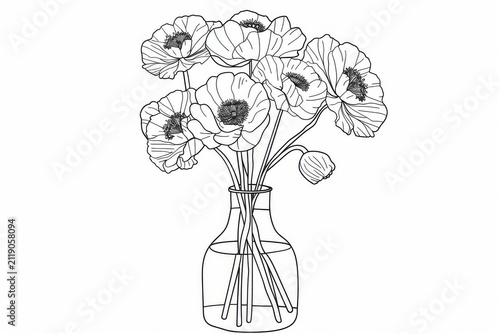 Bouquet of poppies in a vase outline, kids coloring page with bold outlines