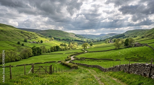 Rolling green hills and dry stone walls in the Yorkshire Dales countryside