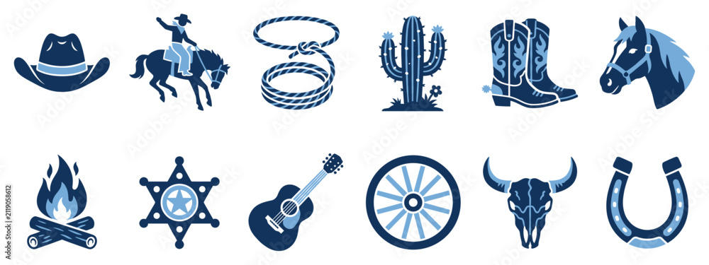 Fototapeta premium Wild West icons set. Cowboy and rodeo concept. Includes cowboy hat, rider on horse, lasso, cactus, boots, horse head, campfire, sheriff badge, guitar, wagon wheel, bull skull, horseshoe