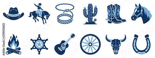 Wild West icons set. Cowboy and rodeo concept. Includes cowboy hat, rider on horse, lasso, cactus, boots, horse head, campfire, sheriff badge, guitar, wagon wheel, bull skull, horseshoe