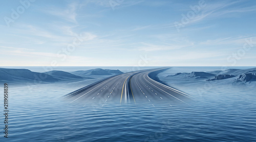 Surreal aerial view where an endless ocean transforms seamlessly into a modern highway disappearing toward the horizon 