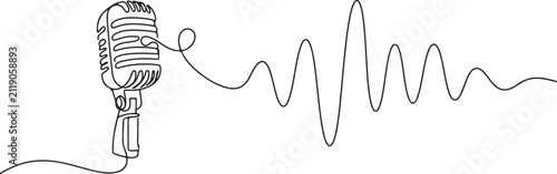 Microphone With Sound Wave Minimalist Line Drawing For Podcast And Audio Recording