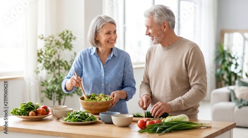 Senior Couple Prepares Healthy Meal for Senior Citizen Day