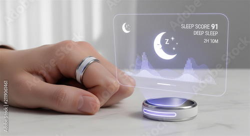 Smart ring tracking sleep data, futuristic wearable health tracker, holographic sleep score display