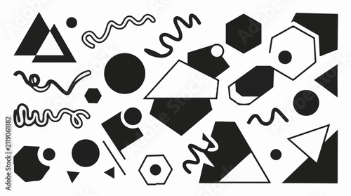 A random arrangement of geometric shapes and wavy lines