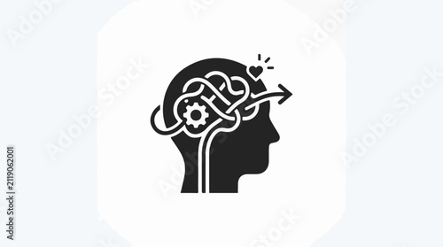 A profile silhouette of a head with a tangled mind and an arrow indicating forward direction