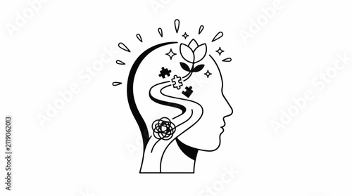 A profile head with a winding path puzzles and a flower