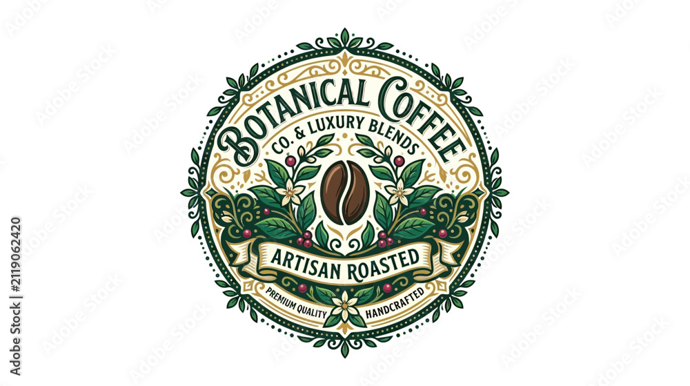 Fototapeta premium Artisan Roasted Coffee Emblem with Botanical Elements
