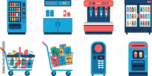 Vector illustration set of retail store equipment, vending machines, and shopping carts isolated on white background