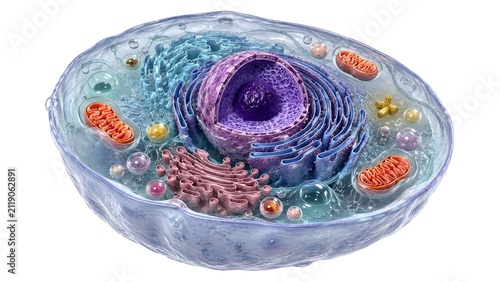 Detailed three dimensional model illustrating internal anatomy of biological animal cell with visible organelles with mitochondria endoplasmic reticulum