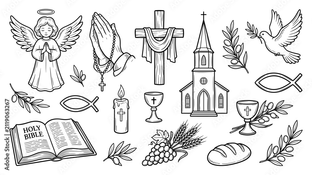 Obraz premium Christian symbol set with cross bible angel praying hand church dove