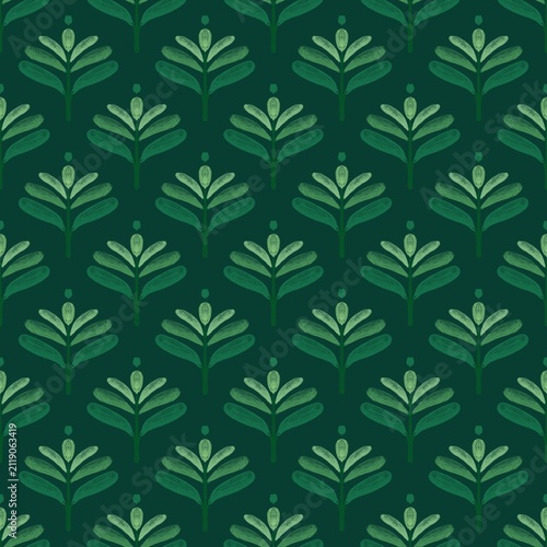 Obraz na plátně A modern seamless botanical pattern featuring hand-painted leafy floral motifs on a deep green background