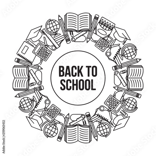 School Supplies Circular Arrangement Black And White Line Illustration