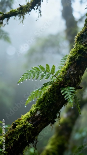 moss-covered tree branches in soft morning mist, delicate water droplets, fresh green tones with diffused natural light, serene and immersive nature mood