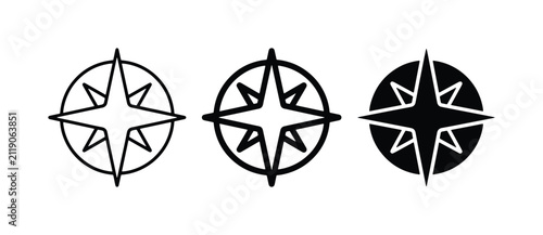 Compass Rose Icons, Navigation Symbols, Directional Star Graphics for Travel and Adventure