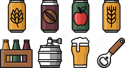 Vector illustration set of canned beverages, craft beer, and bar accessories isolated on white background