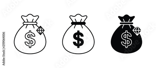 Money Bag Icons: Dollar Symbol, Diamond Accent, Three Styles, Vector Graphics for Finance and Wealth Concepts