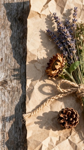 crumpled kraft paper with dried flowers, twine and a small pine cone on wooden surface, soft neutral tones and natural shadows, minimalist rustic aesthetic, negative space on the left