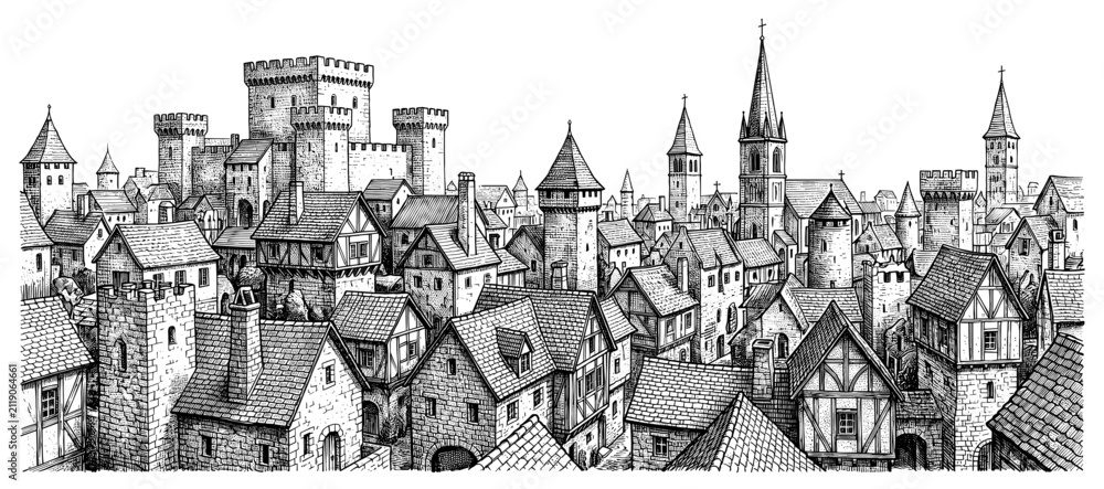 Obraz premium Medieval town panorama with old castle fortress house and church tower