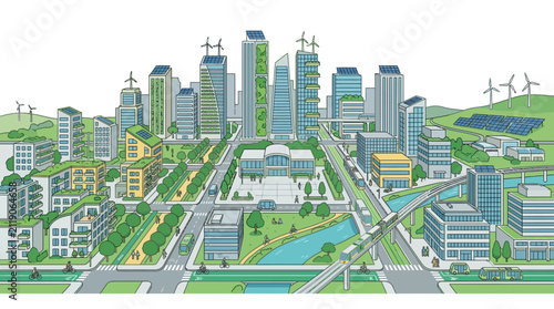 Eco-friendly futuristic city skyline with green buildings, wind turbines, solar panels